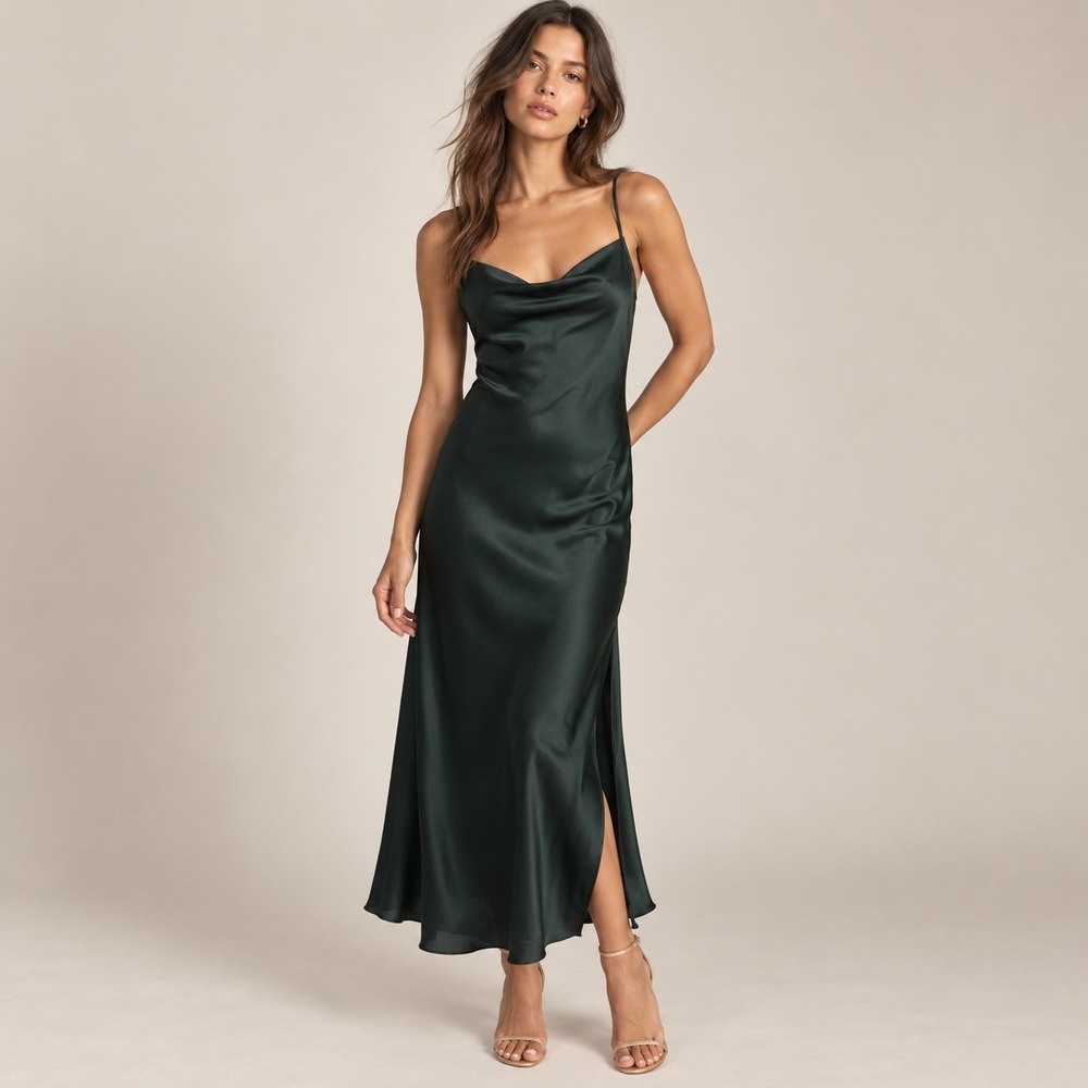 Dress Forum Slip Dress Womens M Dark Green Cowl Neck Satin Midi Party Cocktail